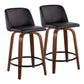 Taldon - Set of 2 - 24" Mid-Century Modern Fixed-Height Swivel Counter Stools – Walnut Wood & Black Faux Leather, Round Metal Footrest