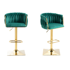 Harstone - Set of 2 - 26" Adjustable Counter Height Emerald Green Velvet Vintage Bar Stools with Silver Metal Legs