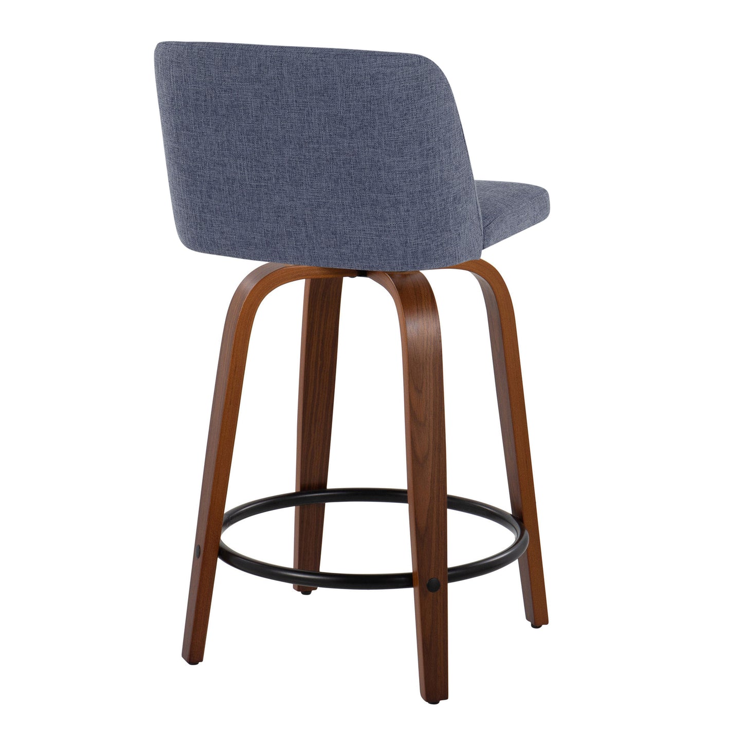 Tivon- Set of 2 - 26" Walnut Wood & Blue Swivel Counter Stools with Fabric Upholstery & Black Metal Footrest