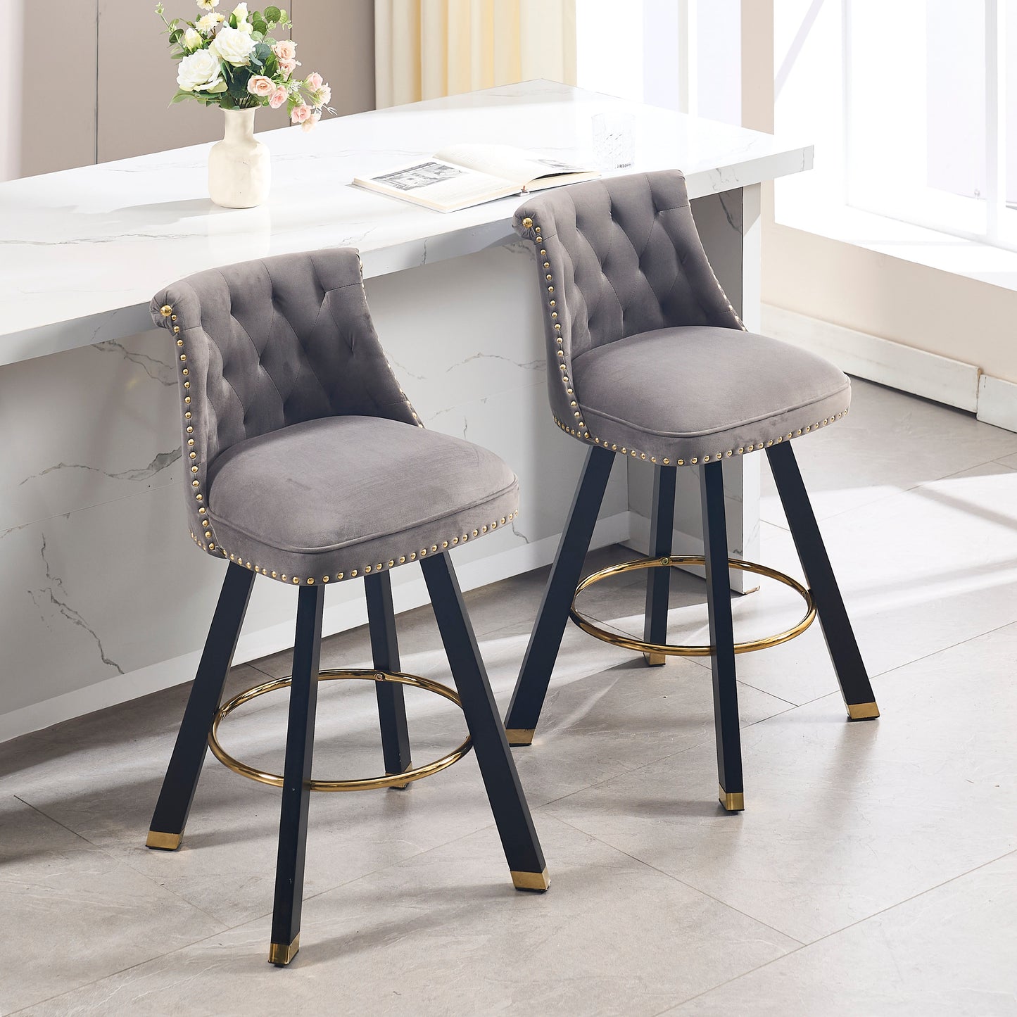 Evra - Set of 2 - Dark Gray Velvet Bar Stools with 360° Swivel, Rivet Detailing, and 26" Seat Height