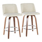 Tavronis - Set of 2 - 24" Mid-Century Modern Walnut Counter Stools with Cream Fabric Upholstery