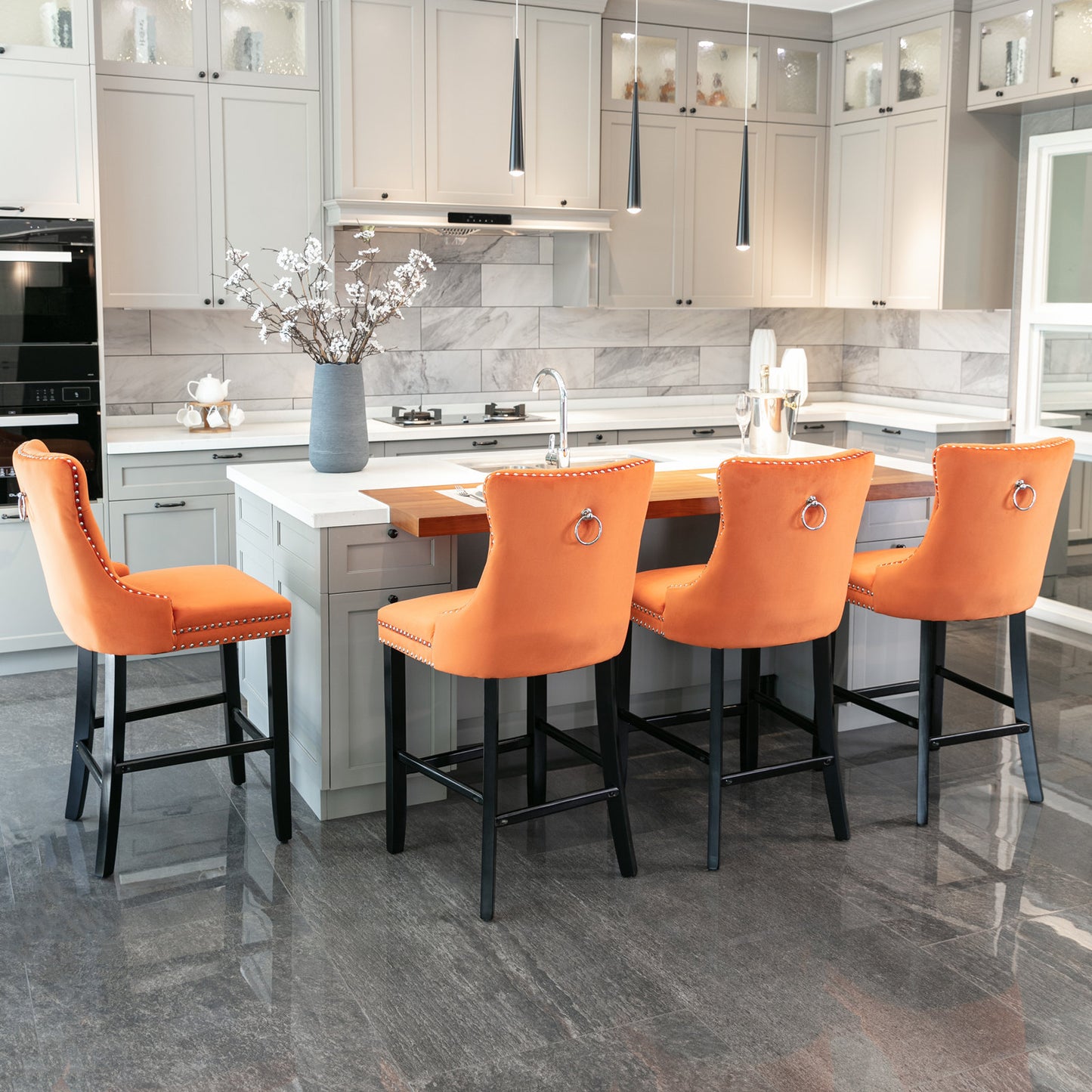 Sorrento - Set of 2 - 24.4" Orange Velvet Upholstered Barstools with Button Tufted Back, Wooden Legs & Chrome Nailhead Trim