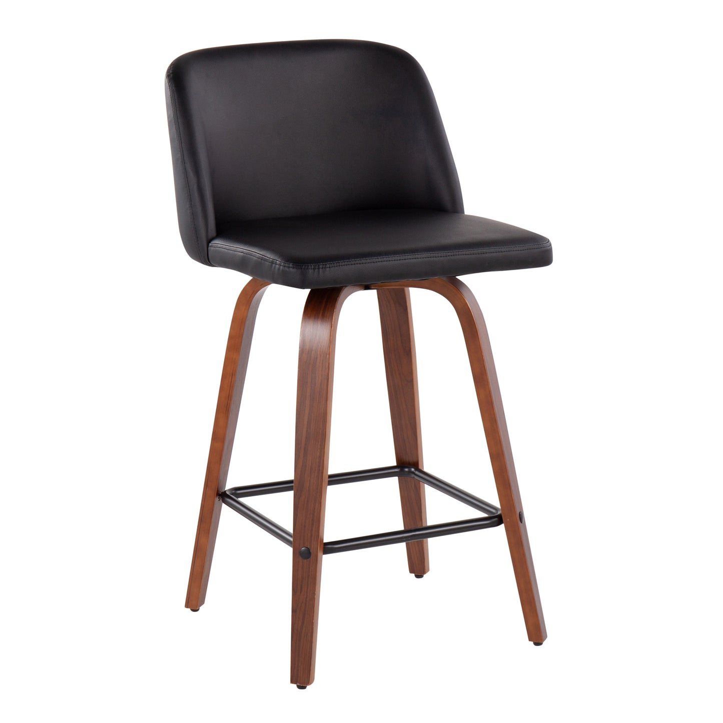 Nexus - Set of 2 - 30" Walnut Wood Counter Stools with Black Faux Leather Swivel Seats