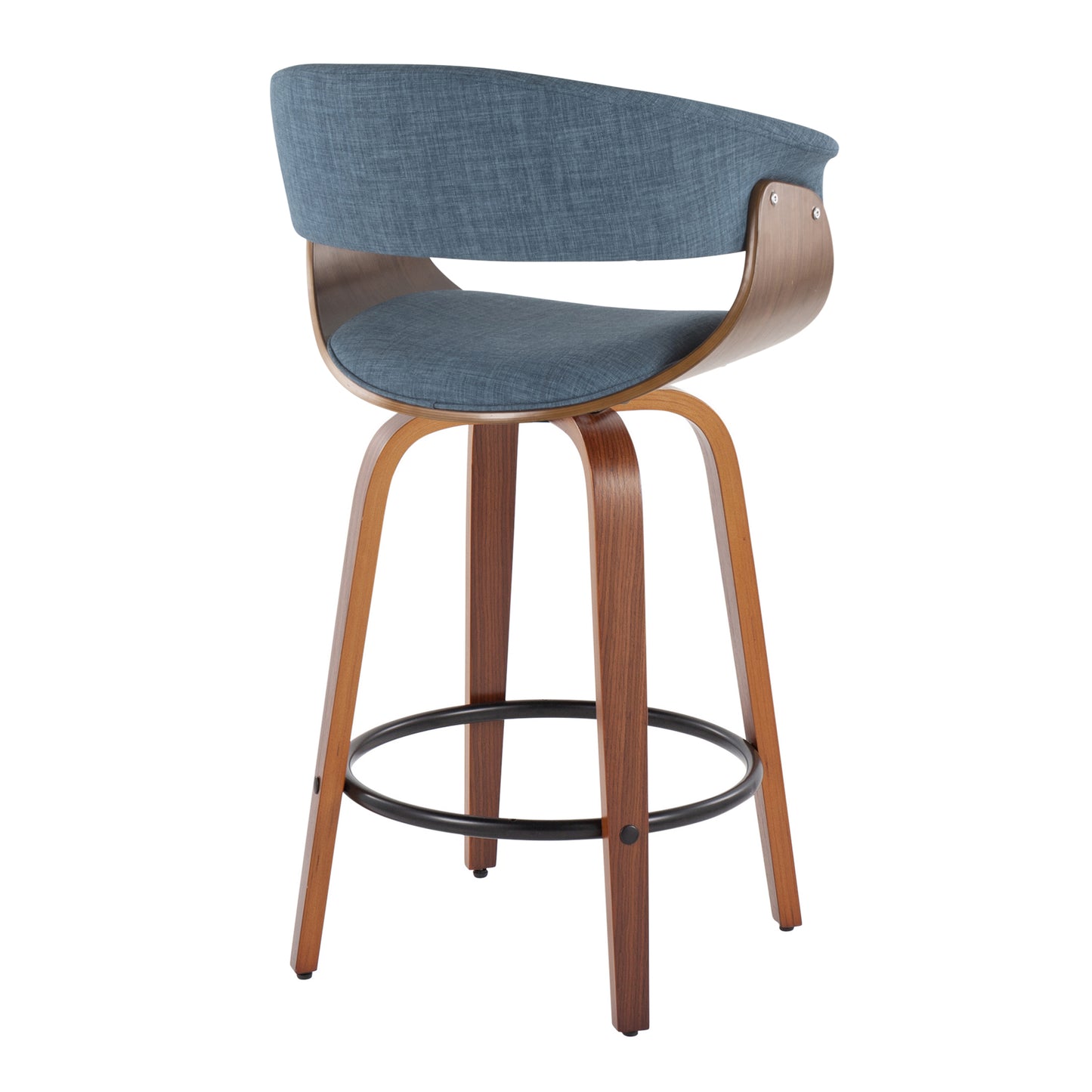 Leoranan - Set of 2 - 26" Walnut Wood Counter Stools with Blue Fabric, Black Metal Footrest, Mid-Century Modern Swivel Design