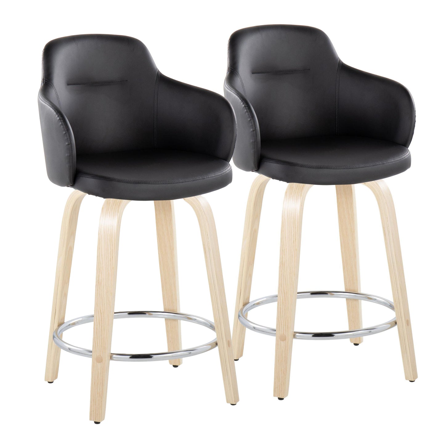 Corvus - Set of 2 - 24" Contemporary Swivel Counter Stools in Black Faux Leather with Natural Wood Base and Chrome Footrest