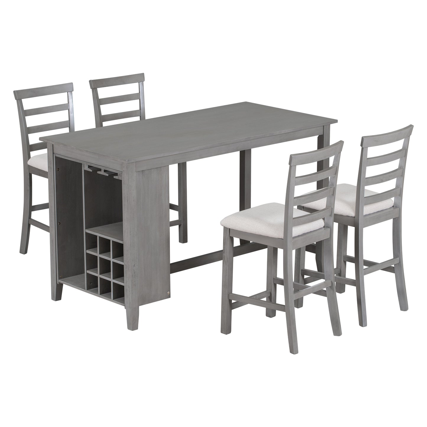 Tymorath - Set of 5 - 26" Gray Counter Height Dining Set with Solid Wood Table, Padded Chairs, Integrated Wine Storage, and Glass Holders - 35.4" Height