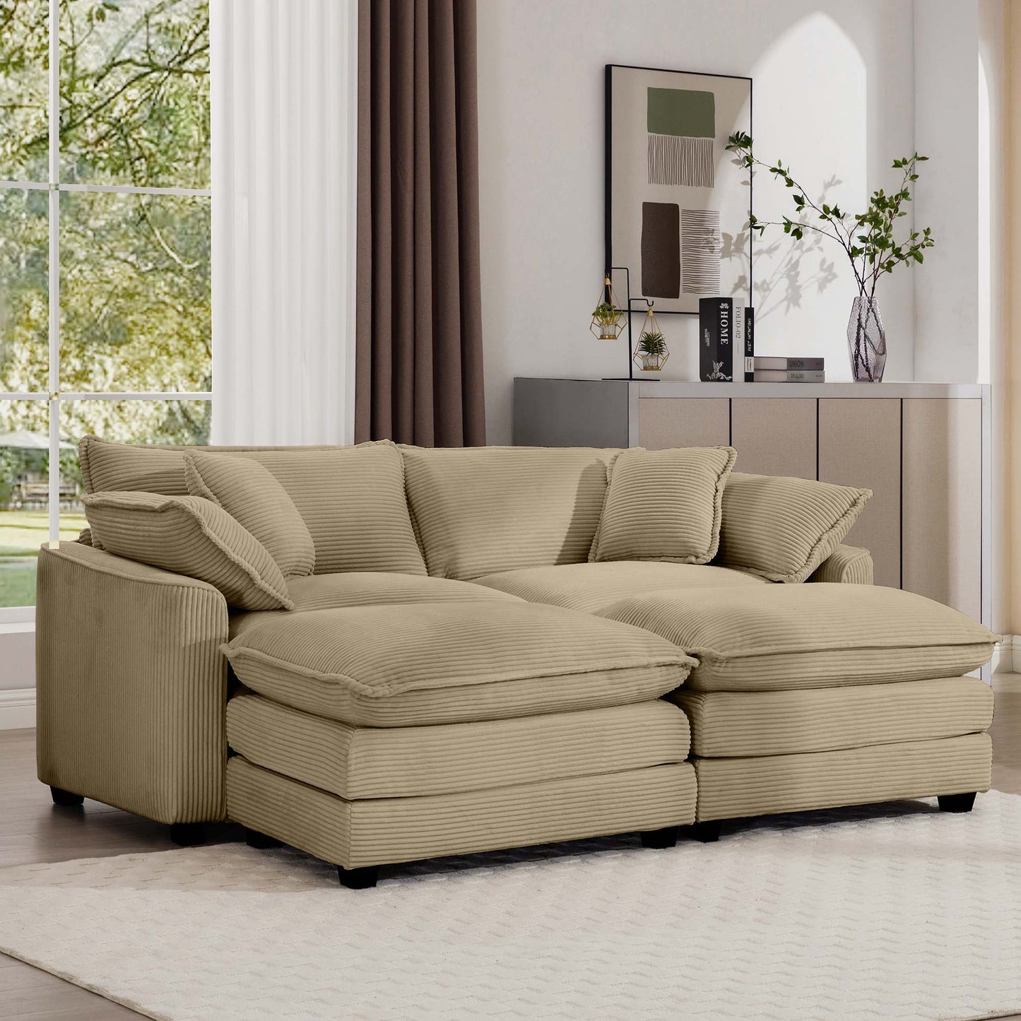 Oversized Modular Cushion Sofa With Ottoman, Low Back, Deep Seating Sofa Set