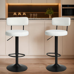 Lanver - Set of 2 - 29" White Velvet Adjustable Bar Stools with Curved High Backrest, Swivel Design for Kitchen or Home