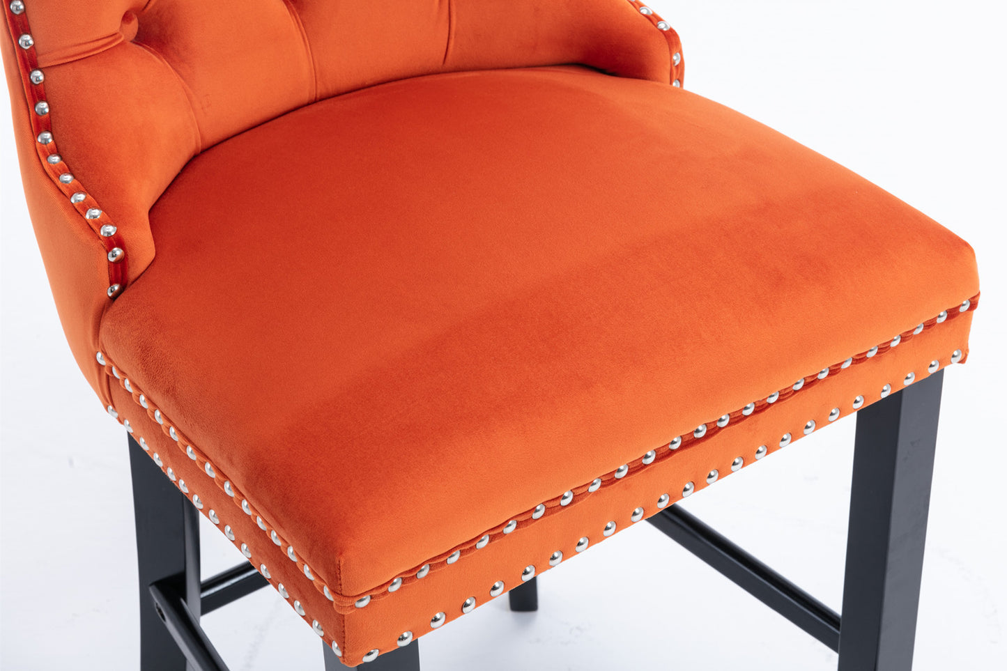 Sorrento - Set of 2 - 24.4" Orange Velvet Upholstered Barstools with Button Tufted Back, Wooden Legs & Chrome Nailhead Trim