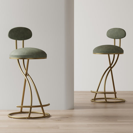 Huxley - Set of 2 - 24" Green & Gold Round Bar Stools with Backrest & Footrest for Kitchen Counter