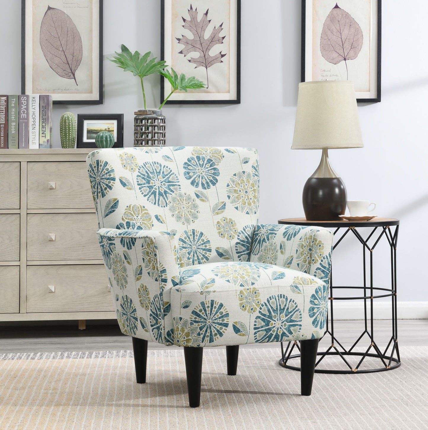 Floral Accent Chair - Blue - Wood
