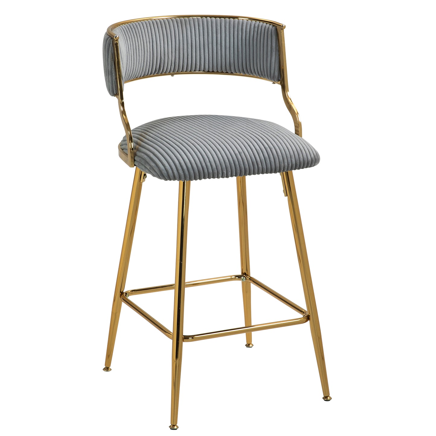 Astrid - Set of 2 - 26" Grey Corduroy Counter Height Bar Stools with Golden Chromed Base, Backrest, and Footrest