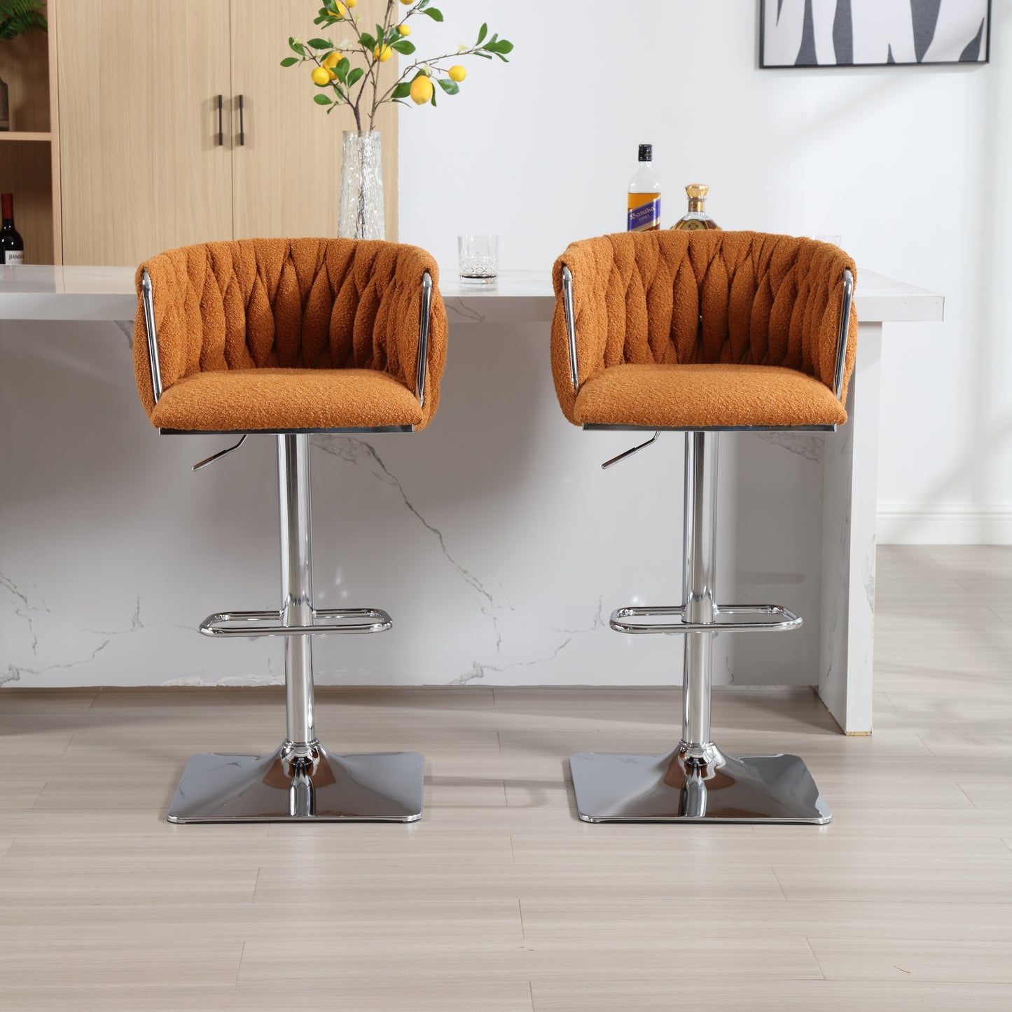 Bellavue Luxe - Set of 2 - 26" Swivel Counter Stools with Orange Boucle Upholstery and 360° Rotation