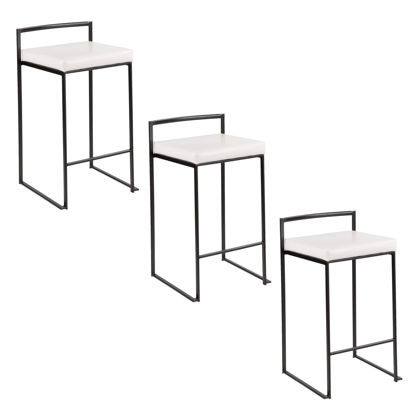 Lemon - Set of 3 - 26" Contemporary Stackable Counter Stools with Black Metal Frame & White Faux Leather Cushion - 16" W x 17.5" D x 31" H - Modern Dining Stools