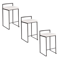 Lemon - Set of 3 - 26" Contemporary Stackable Counter Stools with Black Metal Frame & White Faux Leather Cushion - 16" W x 17.5" D x 31" H - Modern Dining Stools