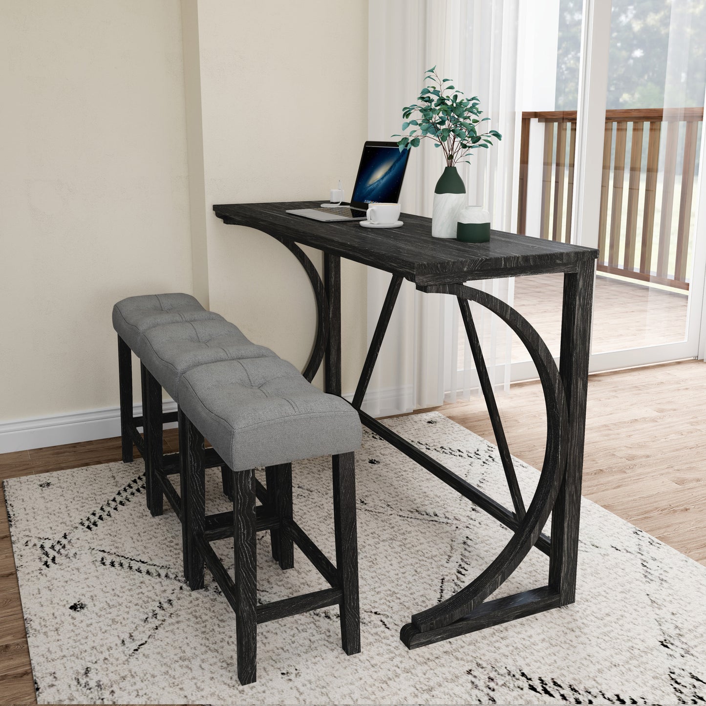 Avignon - Set of 4 - 24" Industrial Bar Table (59" x 19") with 3 Ergonomic Stools, Grey and Black Finish