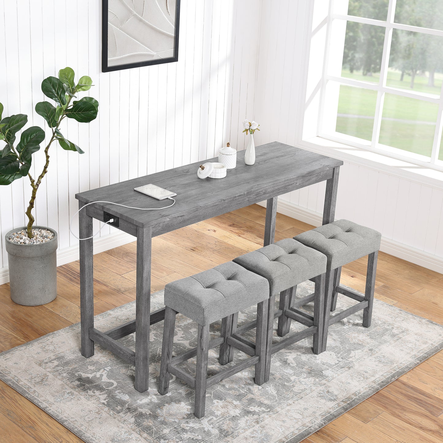 Edmonia - Set of 4 - 24.25" Industrial Bar Table Set - Gray Solid Wood Dining Table with Power Outlet and Ergonomic Bar Stools