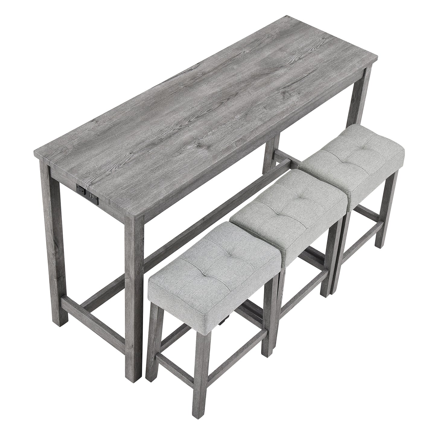 Edmonia - Set of 4 - 24.25" Industrial Bar Table Set - Gray Solid Wood Dining Table with Power Outlet and Ergonomic Bar Stools