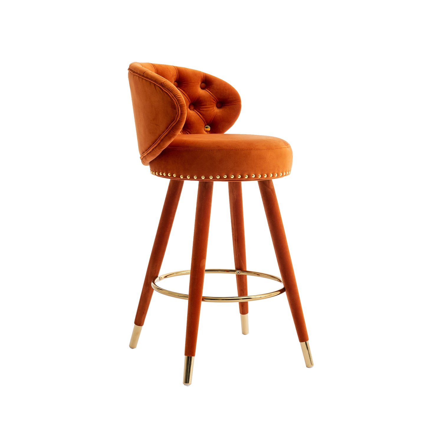 Miple - Set of 2 - 28" Orange Velvet Swivel Counter Height Bar Stools with Backrest, Footrest, and Solid Wood Legs, Retro Style