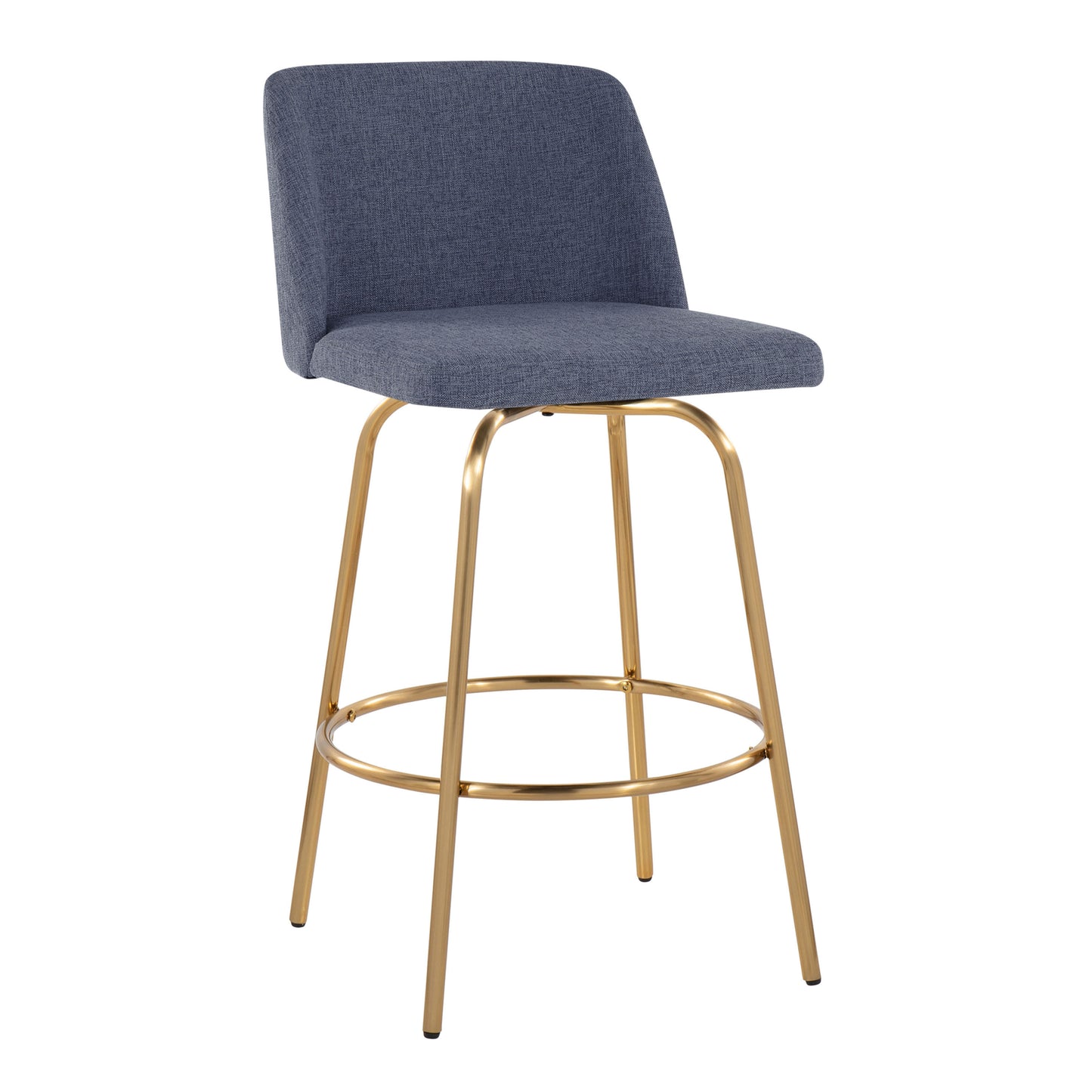 Theoden - Set of 2 - 26" Contemporary Fixed-Height Swivel Counter Stools, Blue Fabric with Gold Metal Base and Footrest by LumiSource