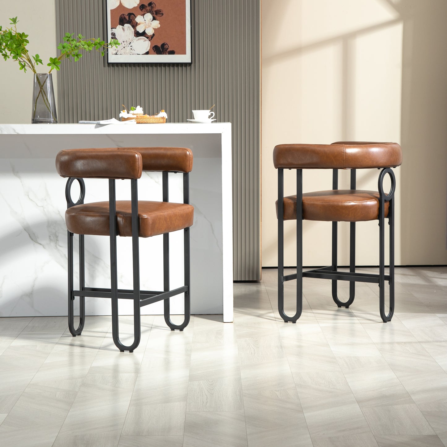 Liristh - Set of 2 - 24" Light Brown PU Upholstered Bar Stools, Modern Curved Backrest, Black Metal Legs