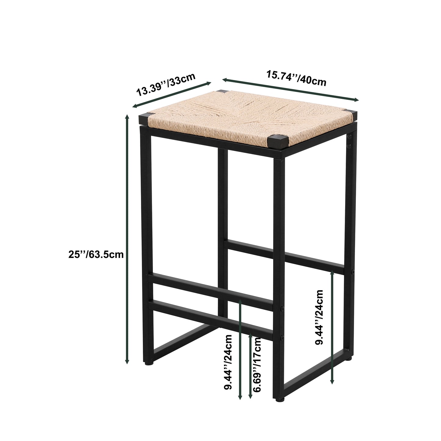 Savannah - Set of 2 - 25" Backless Bar Stools with Woven Paper Rope Seats and Metal Frame, Natural Finish - Set of 2 - 25" Backless Bar Stools with Woven Paper Rope Seats and Metal Frame, Natural Finish