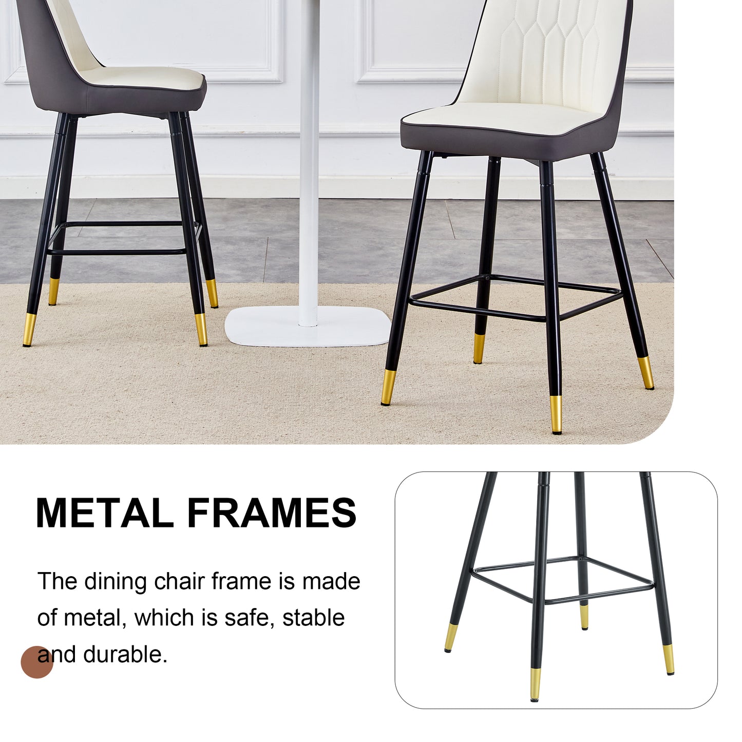 Holborn - Set of 2 - 27" Black Swivel Wood Bar Stools with High Back, Modern PU Seat, Gold Accents, and Metal Legs