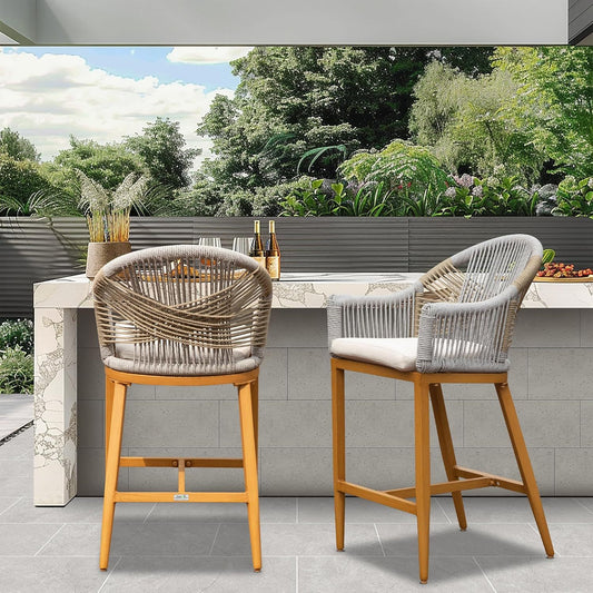 Montego - Set of 2 - 29.5" Khaki Outdoor Counter Height Bar Stools with Cushions, 43.60" Tall Aluminum Frame, Rounded Backrest, Modern Boho Textilene Rope Design