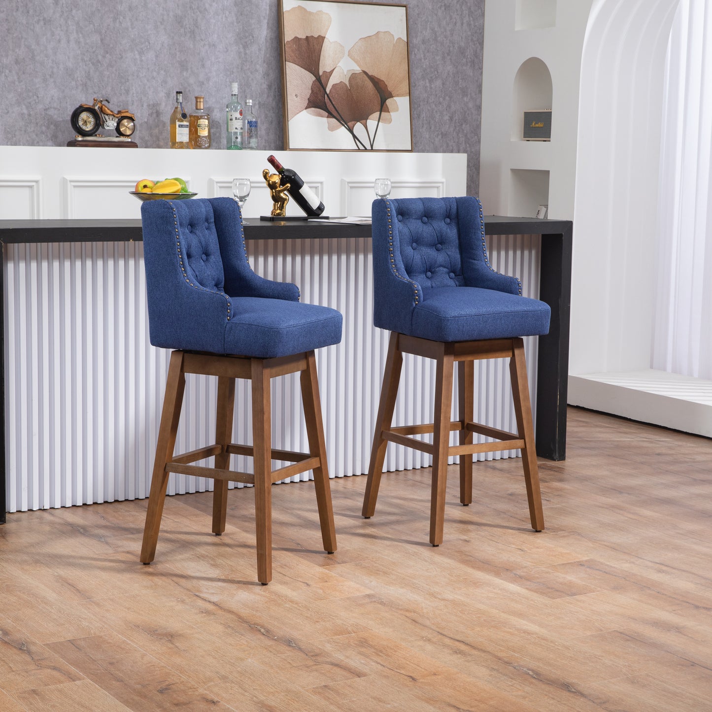 Morrithal - Set of 2 - 30" Navy Linen Counter Height Bar Stools with 360° Swivel, Footrest, Solid Wood Legs, and Retro Style for Kitchen or Dining Room