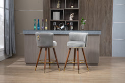 Avira - Set of 2 - 28" Grey Counter Height Swivel Bar Stools with Light Brown Solid Wood Legs, Retro Style and Upholstered Cushions