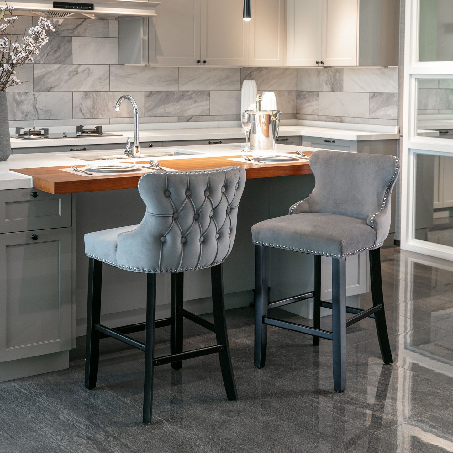 Contemporary Upholstered Wing-Back Barstools With Button Tufted Decoration And Wooden Legs, And Nailhead Trim, Leisure Style Bar Chairs, Bar Stools (Set of 2)