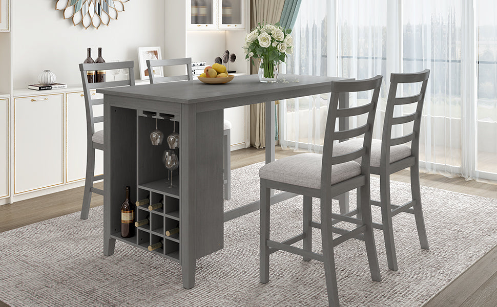 Tymorath - Set of 5 - 26" Gray Counter Height Dining Set with Solid Wood Table, Padded Chairs, Integrated Wine Storage, and Glass Holders - 35.4" Height