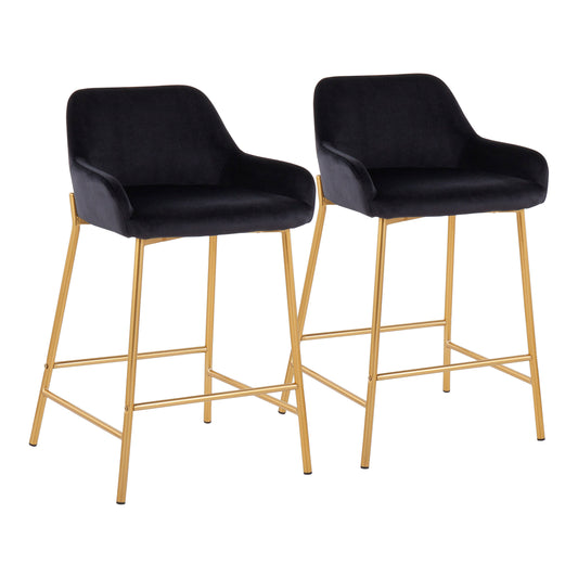 Belmonth - Set of 2 - 24" Fixed-Height Counter Stools with Black Velvet Upholstery and Gold Metal Frame in Glam Style