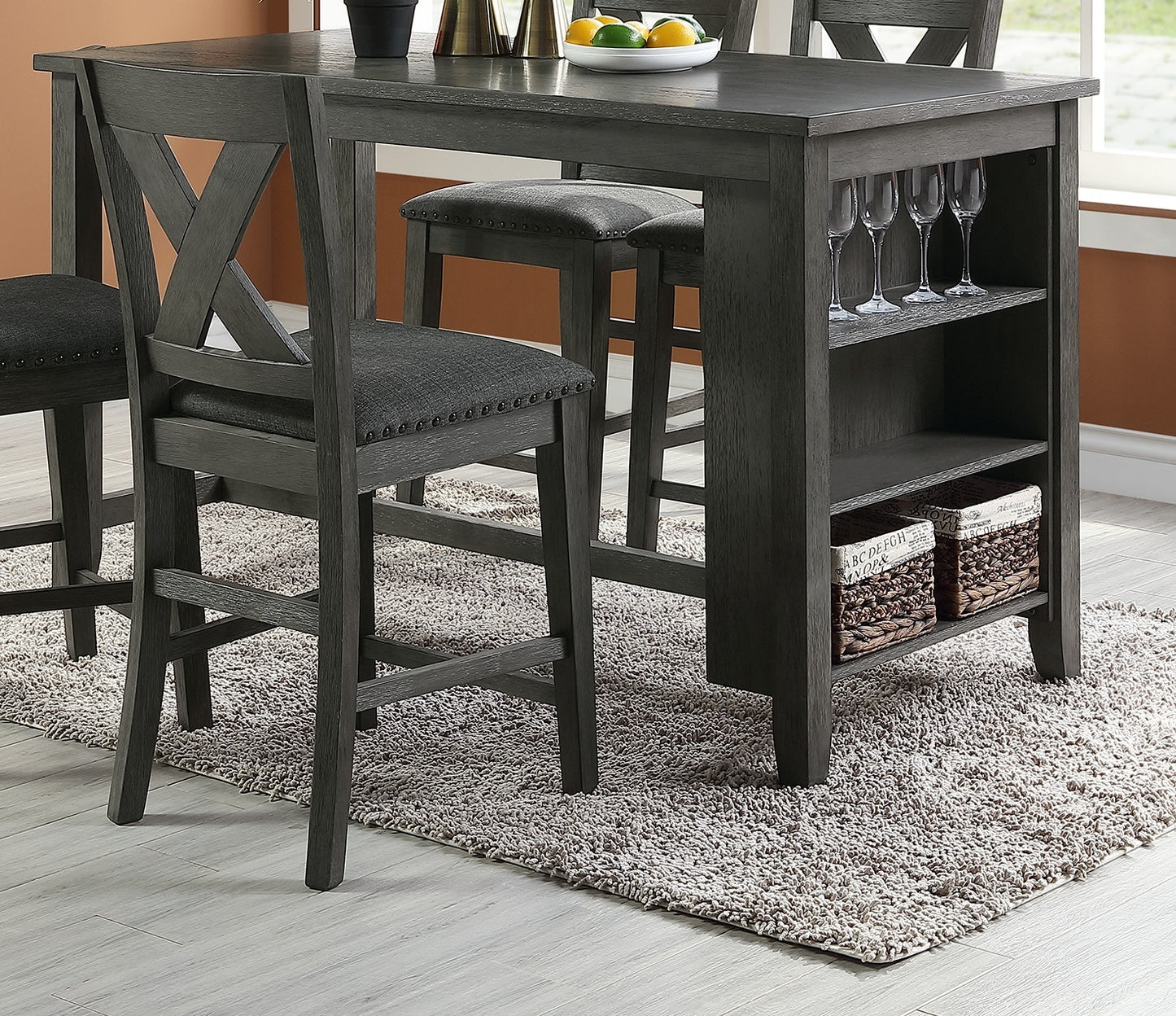 Hadrian - Set of 2 - 24" Gray Wash Counter Height Dining Set with Storage Shelves, High Chairs & Stools - Solid Acacia Wood