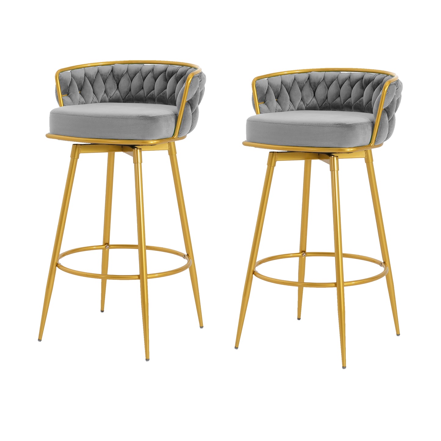 Noble - Set of 2 - 24" - 26" Grey Swivel Counter Stools with Hand-Woven Backrest and Gold Metal Legs