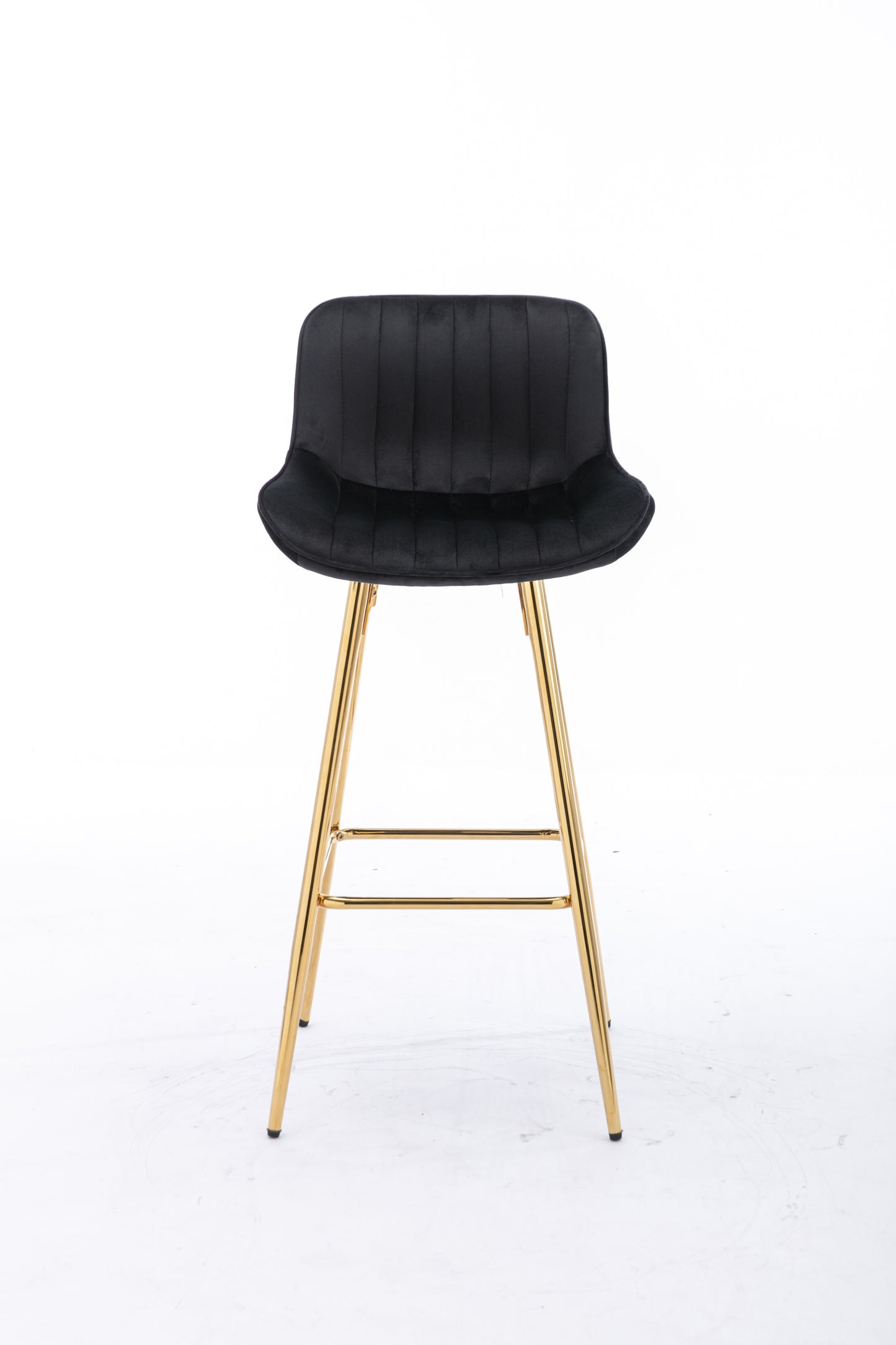 Lutre - Set of 2 - 30" Black Velvet Bar Stools with Gold Legs and Chrome Footrest