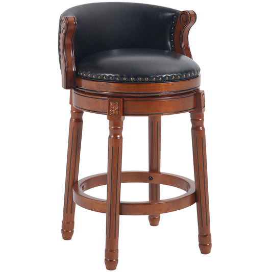 Hestia - Set of 2 - 26" Black Cowhide Leather Swivel Bar Stools with High Back, Solid Wood Frame for Home Kitchen or Counter Seating