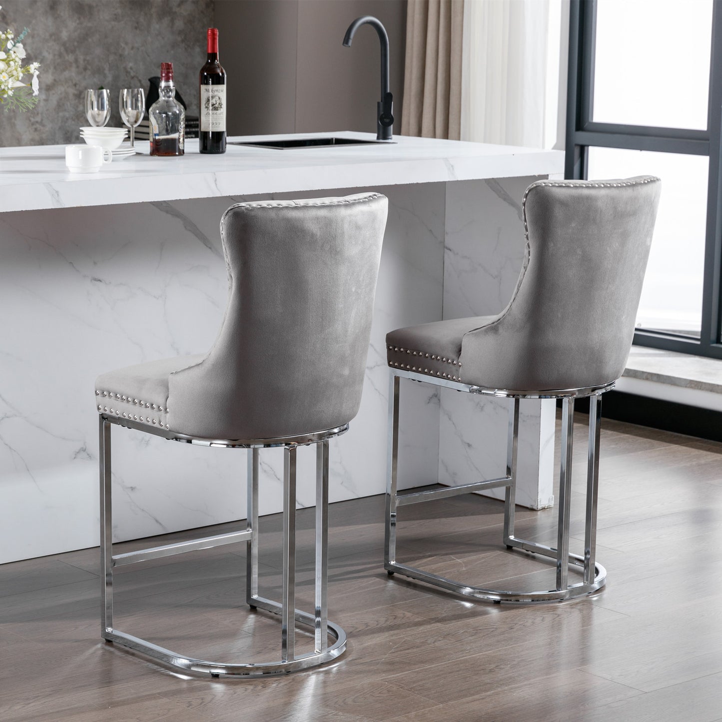 Halora - Set of 2 - 26" Gray Velvet Counter Height Bar Stools with Rivet Trim, Button Tufted Backrest, and Sturdy Chromed Metal Base