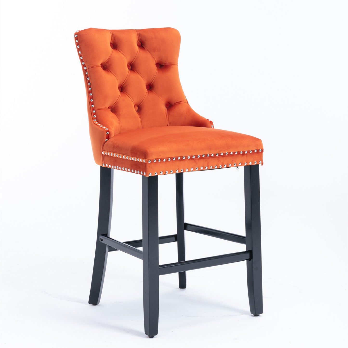 Sorrento - Set of 2 - 24.4" Orange Velvet Upholstered Barstools with Button Tufted Back, Wooden Legs & Chrome Nailhead Trim