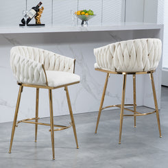 Adrienne - Set of 2 - 26" Beige Velvet Counter Height Bar Stools with Sculpted Wave Back and Gold Chrome Base