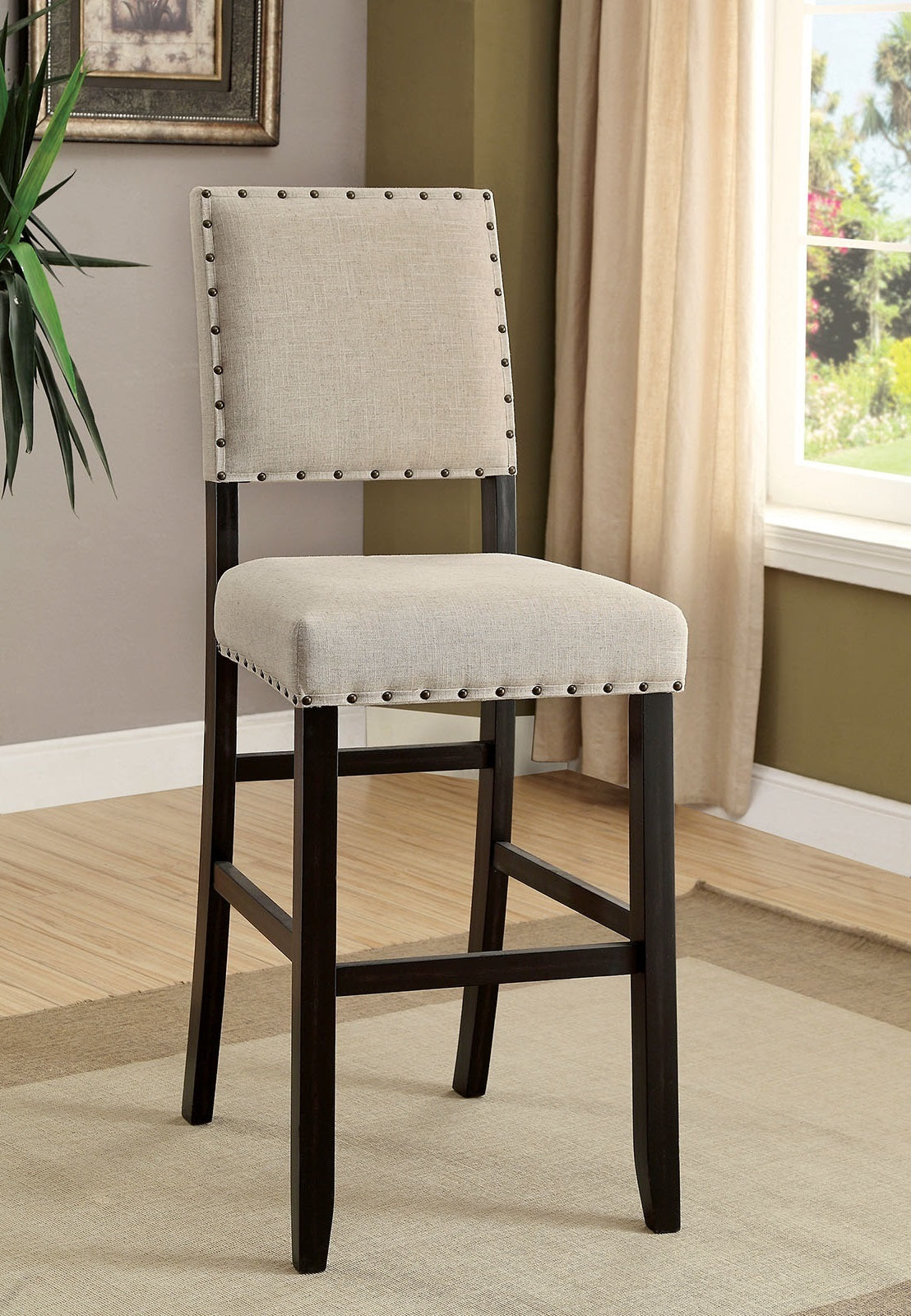 Sariah - Set of 2- 24" Height  Ivory Linen Counter Stools  with Nailhead Trim and Antique Black Solid Wood Frame