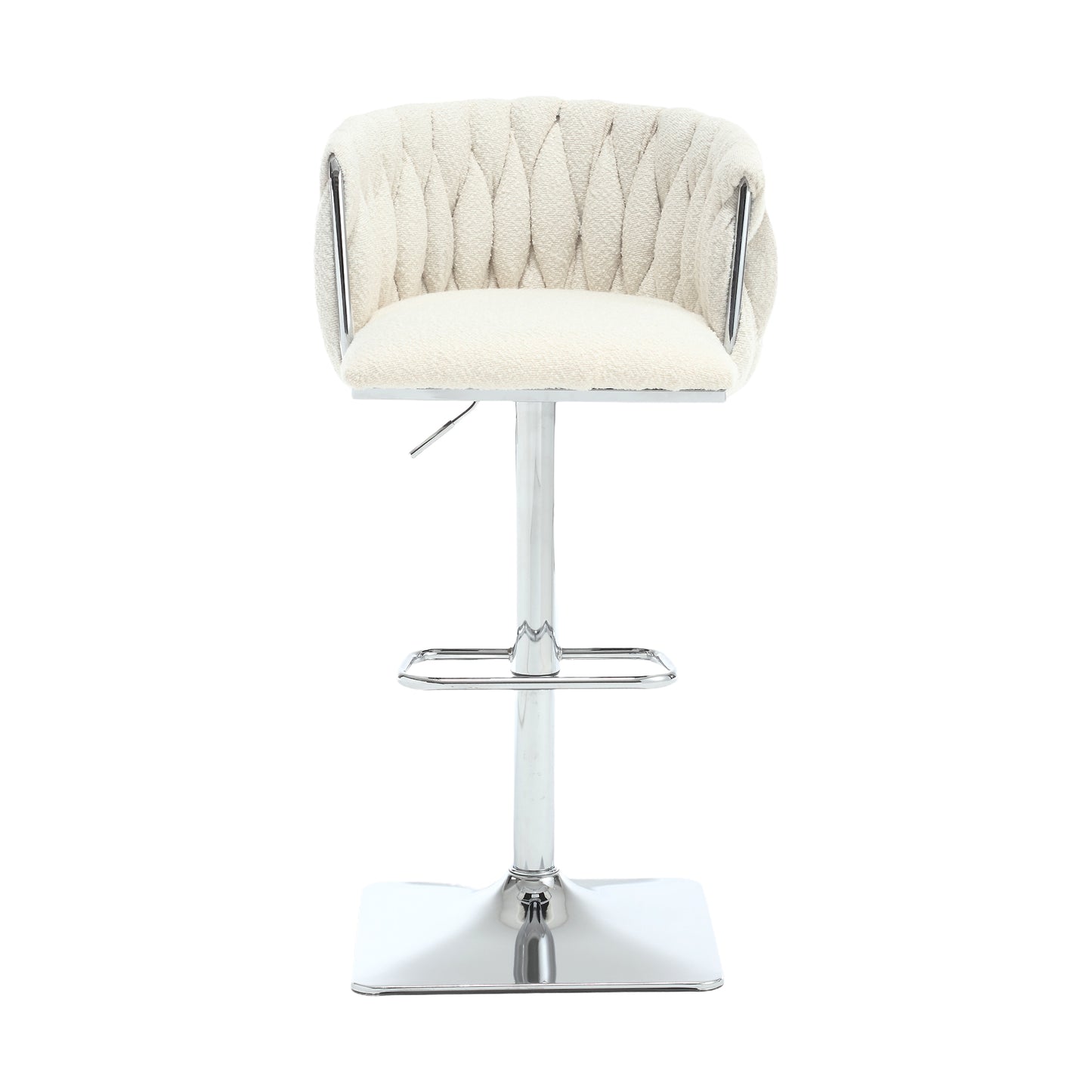 Venicia - Set of 2 - 24.8"-34.25" Adjustable Seat Swivel Counter Height Stools with Backrest, Ivory Boucle Upholstery, Silver Metal Legs