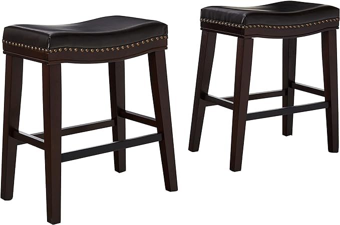 Marcila - Set of 2 - 26" Dark Brown PU Leather Saddle Bar Stools with Nailhead Trim and Rubberwood Frame