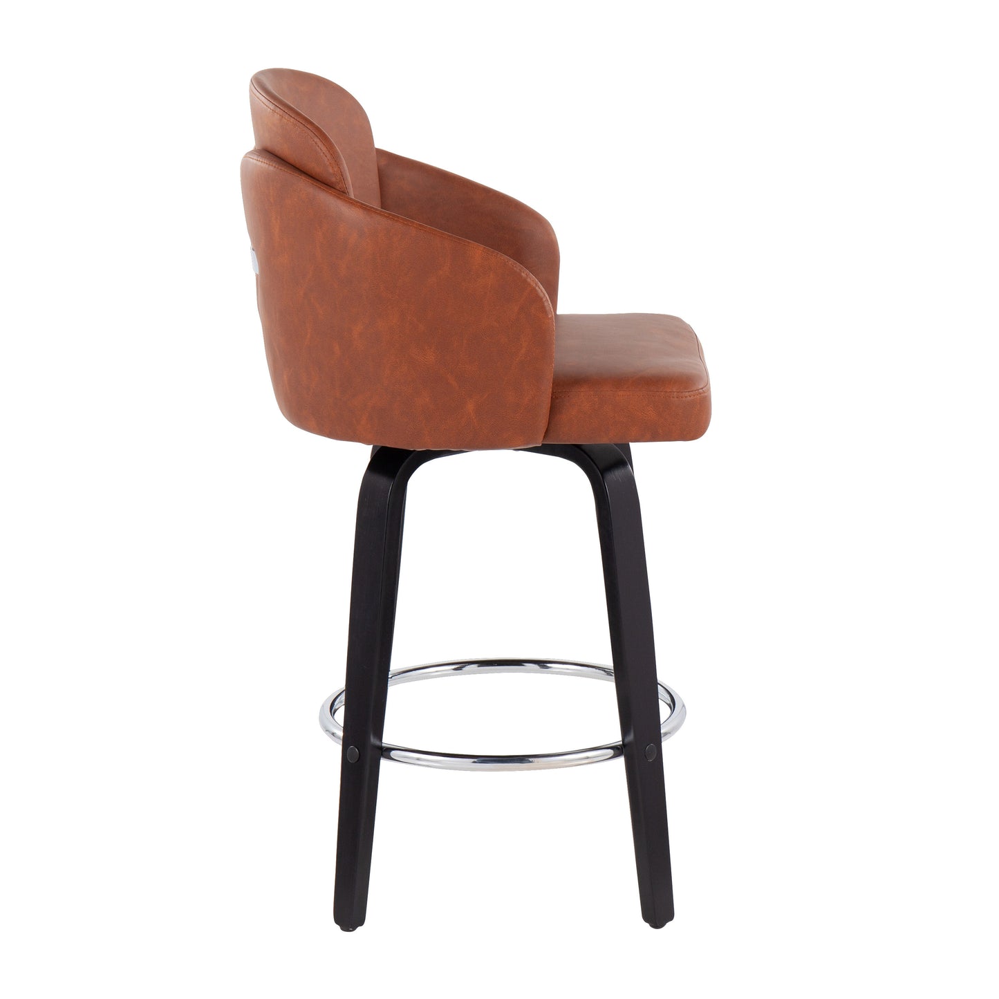 Darius - Set of 2 - 24" Black Wood Counter Stools with Camel Faux Leather Upholstery and Round Chrome Footrest