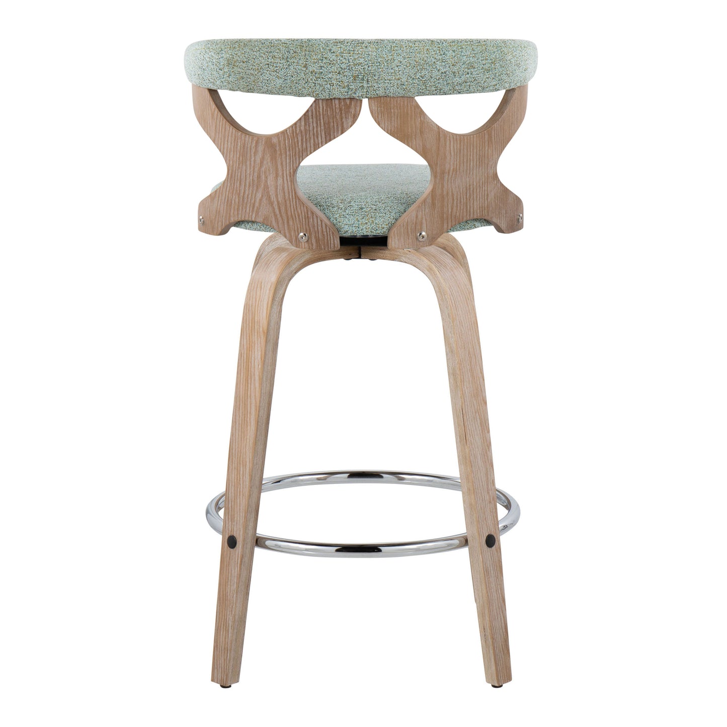 Gryvaris - Set of 2 - 24" White Washed Swivel Counter Stools with Seafoam Green Cushions and Chrome Footrest