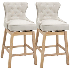 Hadley - Set of 2 - 30” Cream Upholstered Swivel Bar Stools with Nailhead Trim and Rubberwood Legs