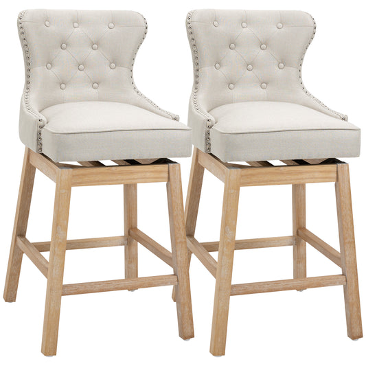 Hadley - Set of 2 - 30” Cream Upholstered Swivel Bar Stools with Nailhead Trim and Rubberwood Legs