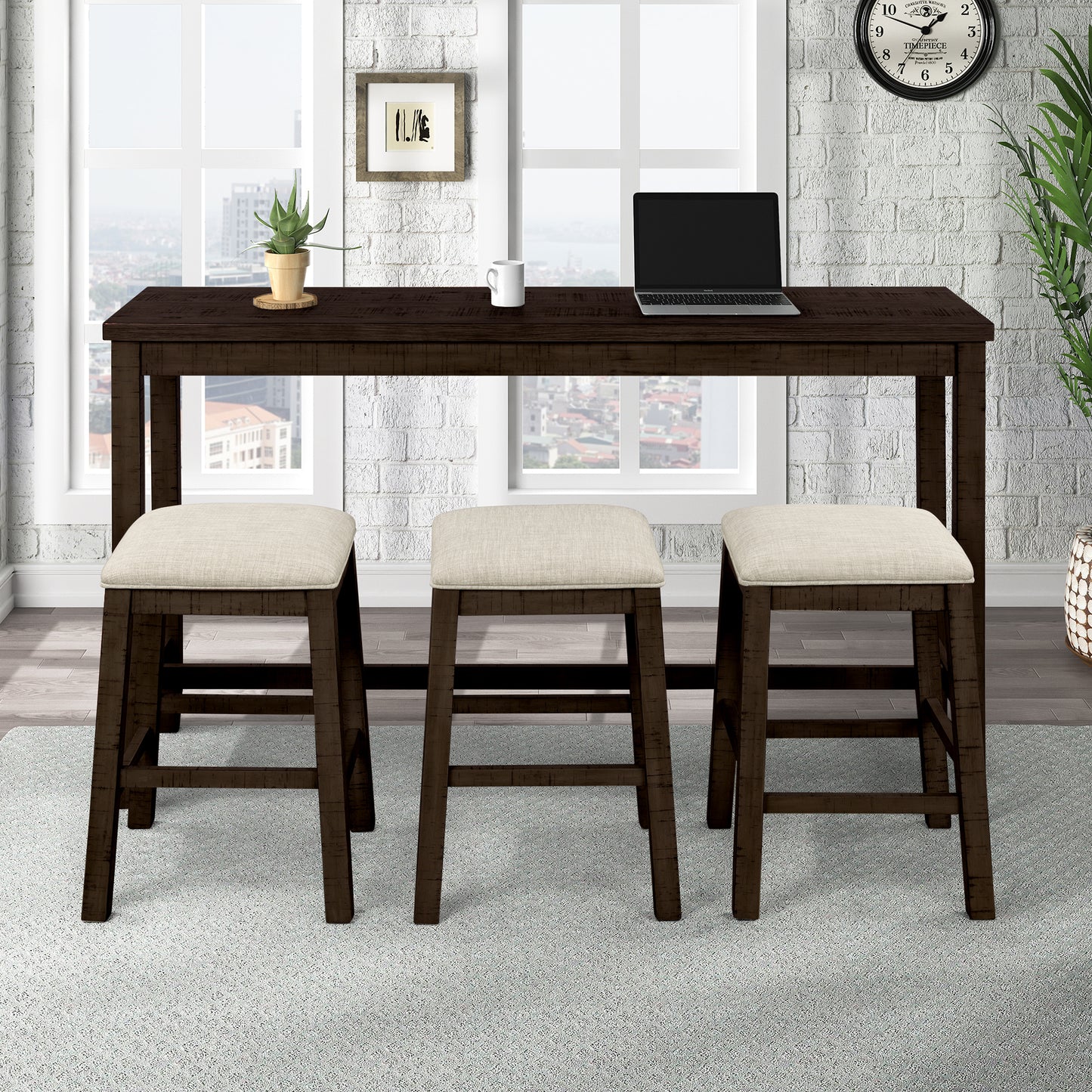 Tennyson - 4-Piece 30" Rustic Brown Counter Height Table with Fabric Padded Stools and Socket