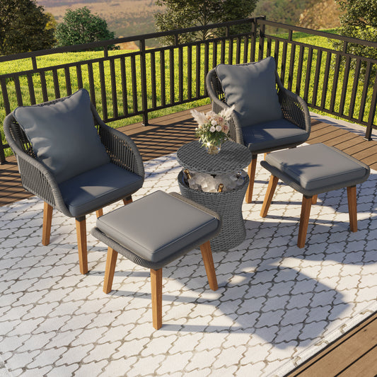 Louvre - Set of 5 - Grey Rope Patio Furniture Set with Pop-Up Cool Bar Table, Ottomans, and Club Chairs