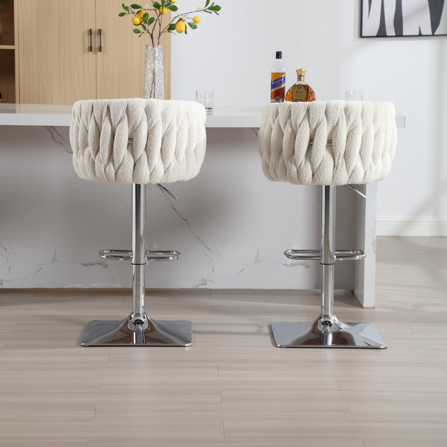 Venicia - Set of 2 - 24.8"-34.25" Adjustable Seat Swivel Counter Height Stools with Backrest, Ivory Boucle Upholstery, Silver Metal Legs